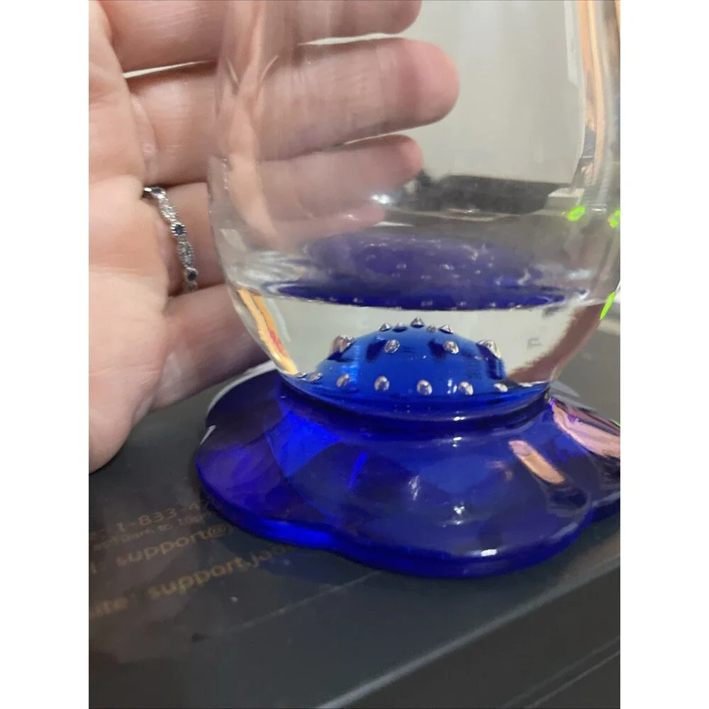 Bormioli Rocco Italy, Blown Glass Vase, Blue Flower Shaped Foot